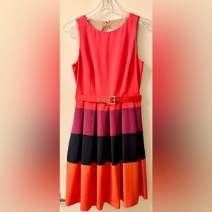 Eliza J Colorblock Dress W/ Belt. Lined. Size 6. Colors: Purple, Red & Navy.